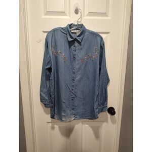 Women's Vintage capacity denim‎ Shirt with Floral Embroidery - Med-Petite